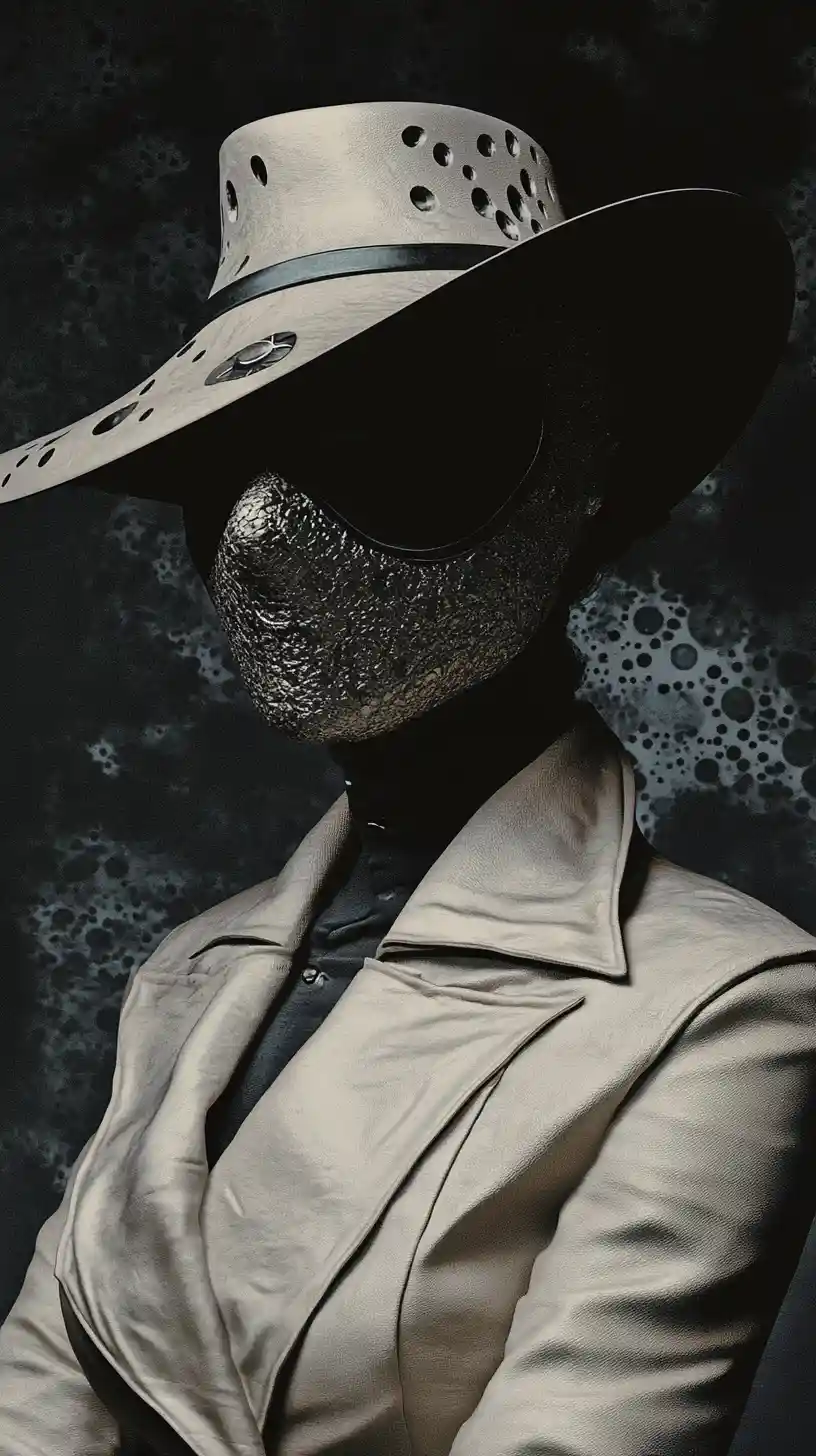 Mysterious fashion woman spying across a surreal bazaar