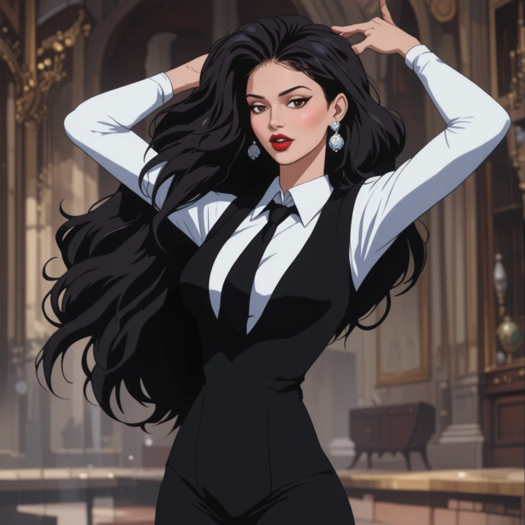 Elegant woman dancing in black suit and white shirt