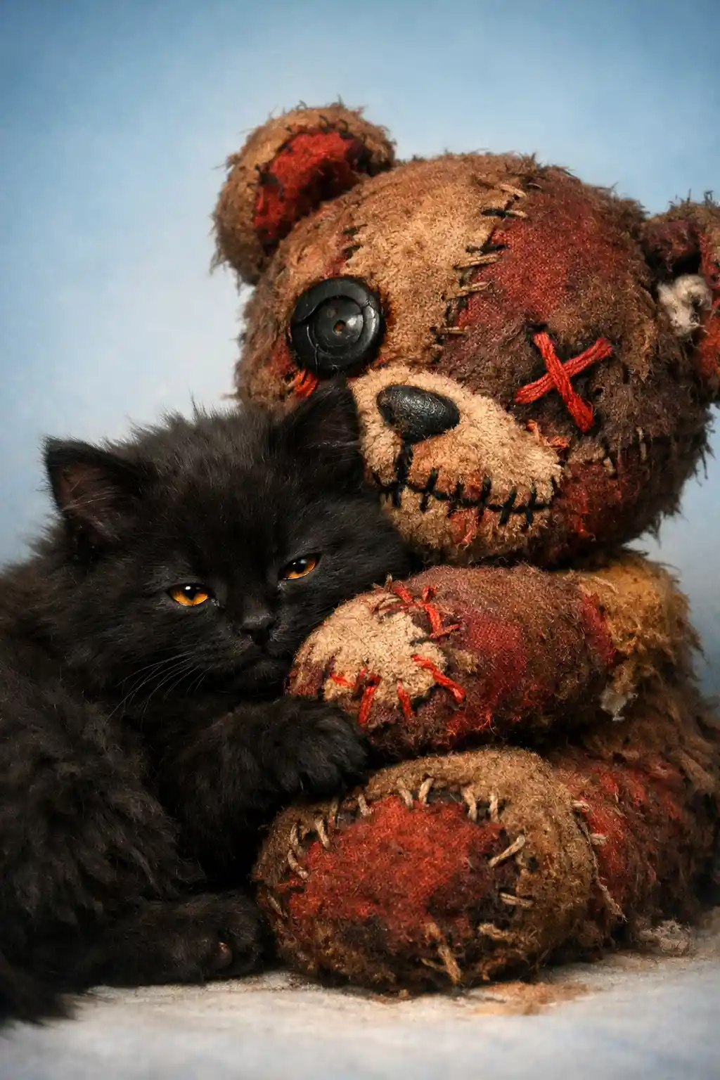 Cute black kitten cuddling a worn patchwork teddy bear