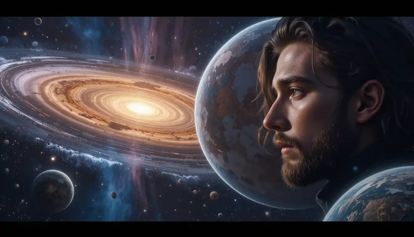 Romantic cosmic scene with lovers faces inside distant planets