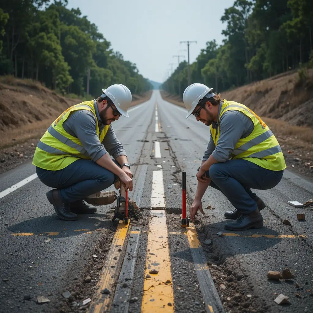 Engineers surveying damaged road with measurement tools in daylight