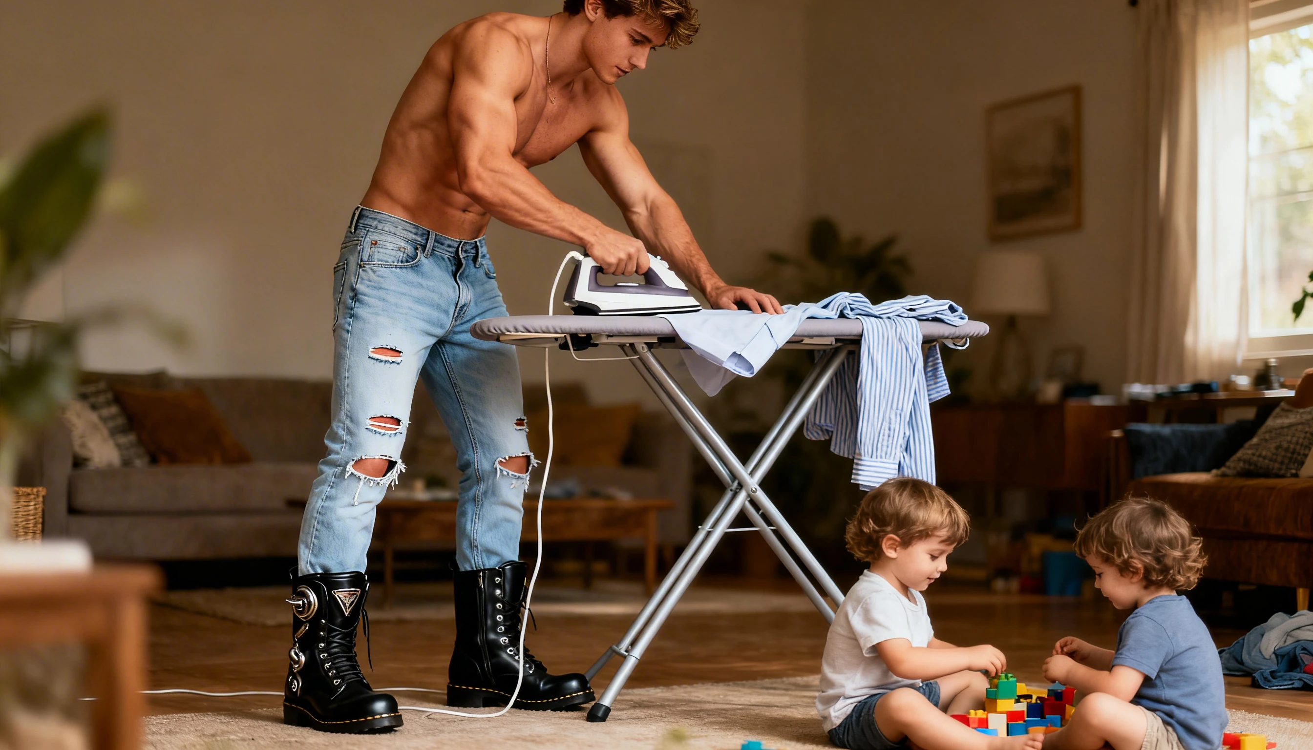 Shirtless muscular man ironing clothes beside two small children