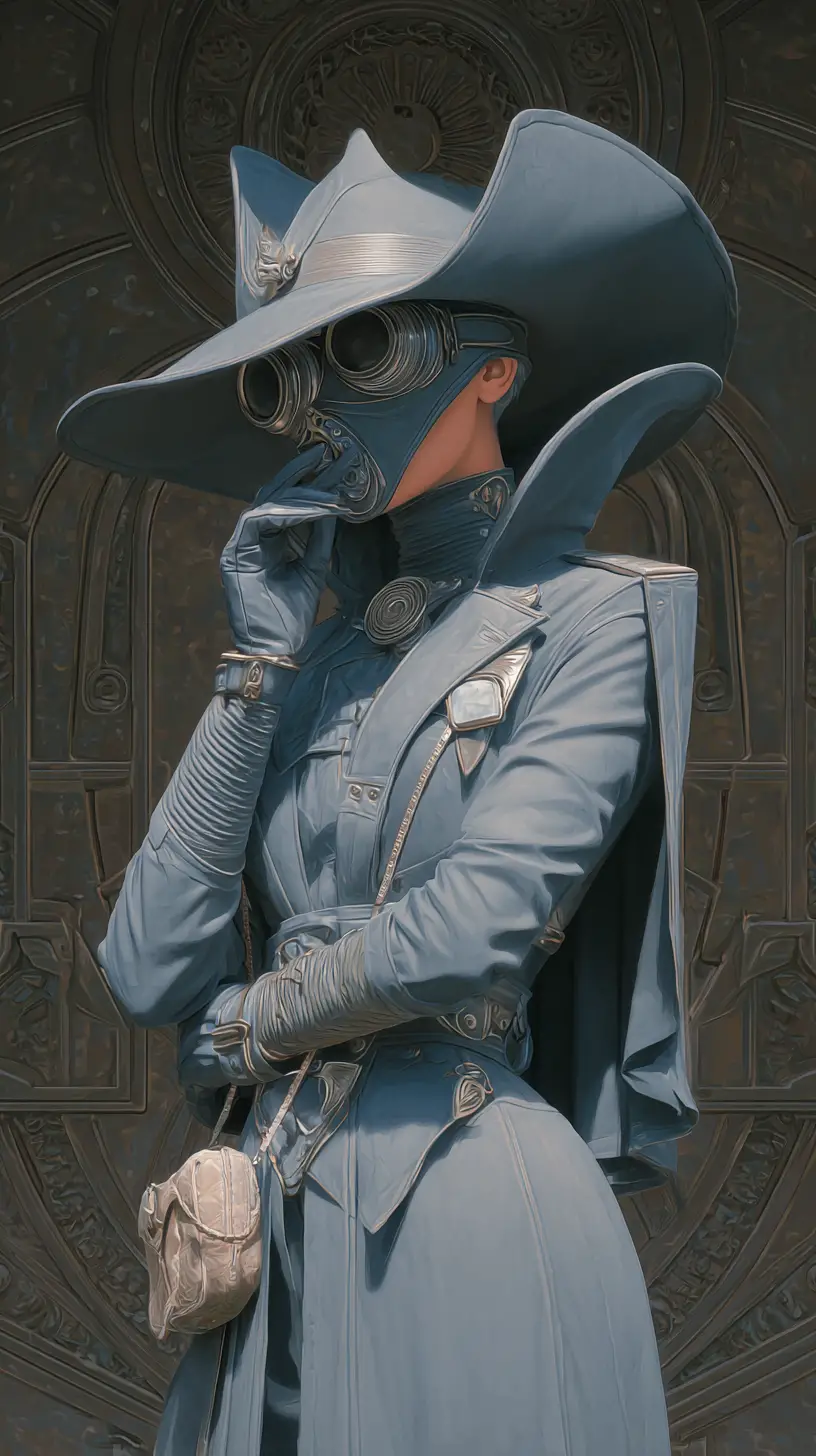 Glamorous masked woman spying in a surreal bazaar scene