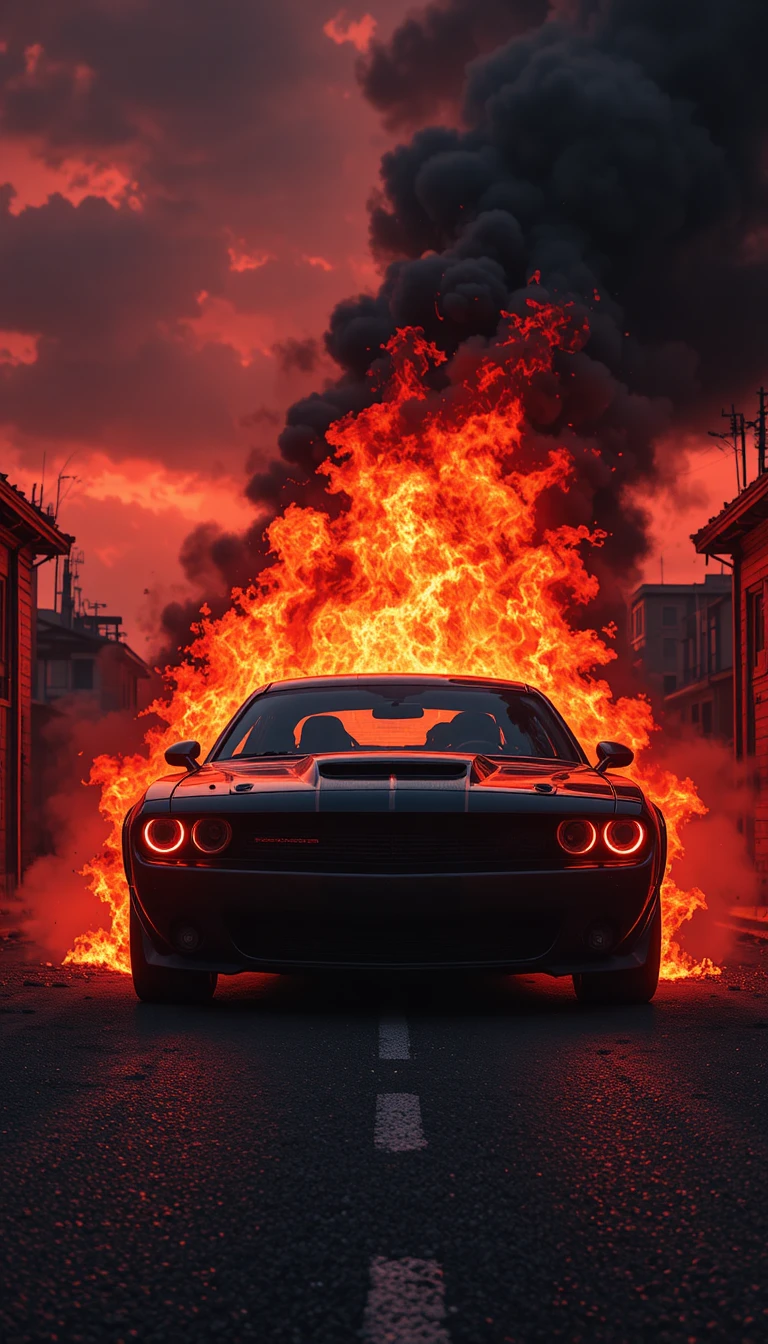 Flaming muscle car emerging from fire in dark city