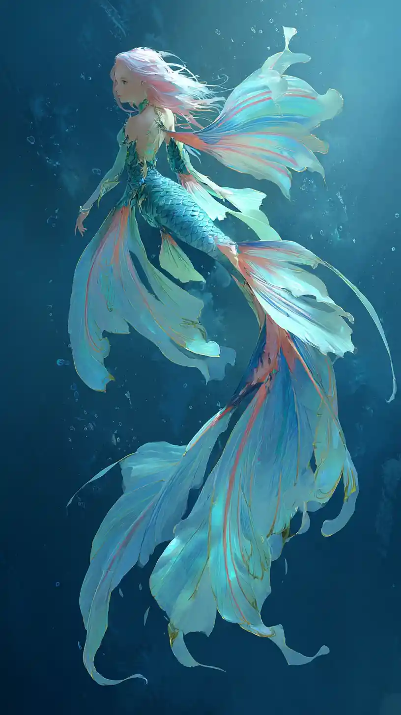 Serene mermaid woman with flowing fish tail