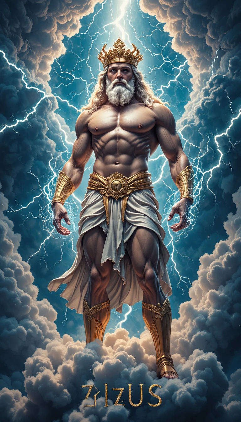 Majestic thunder god Zeus standing on stormy clouds