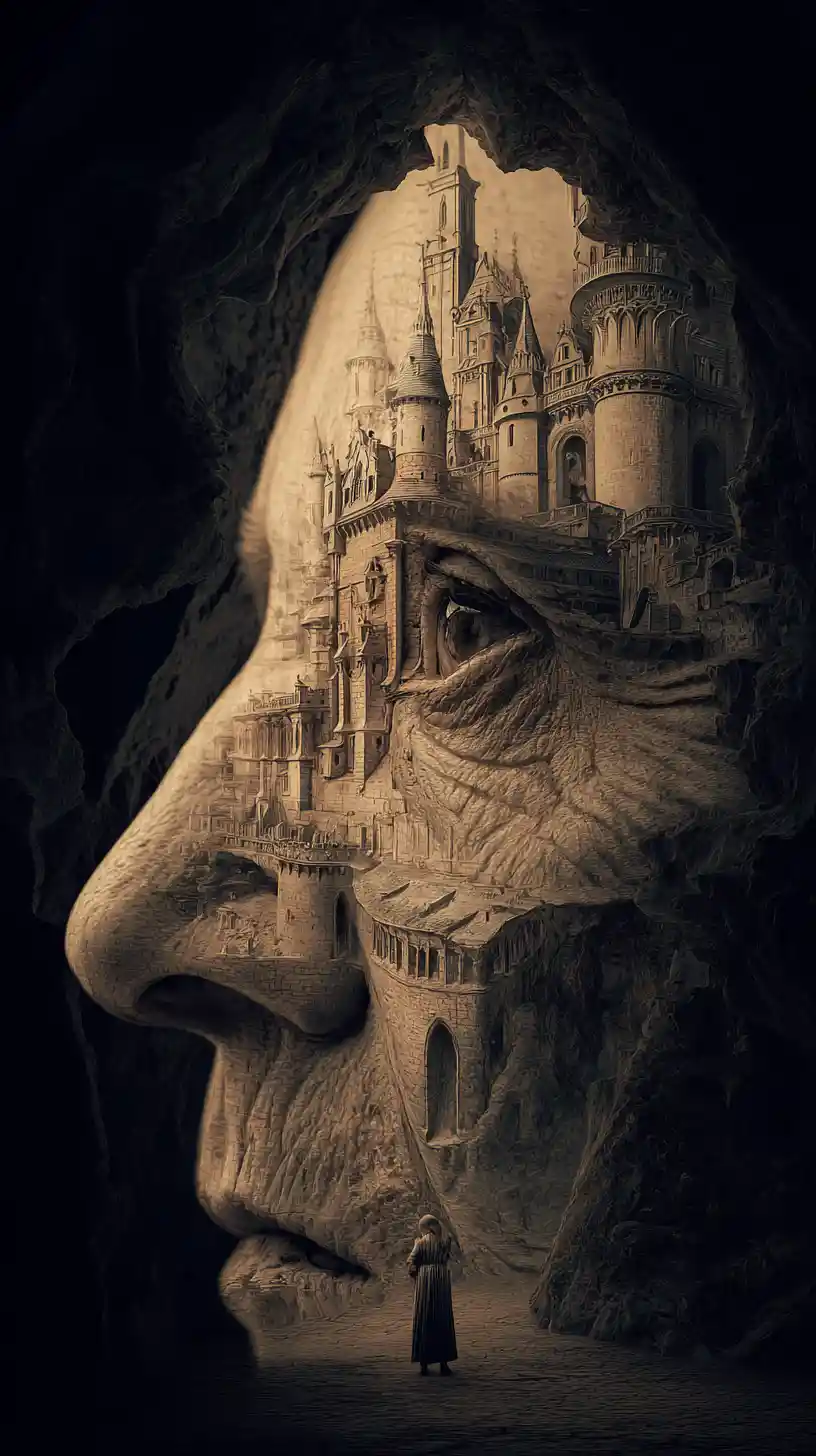 Surreal castle landscape emerging within a womans face