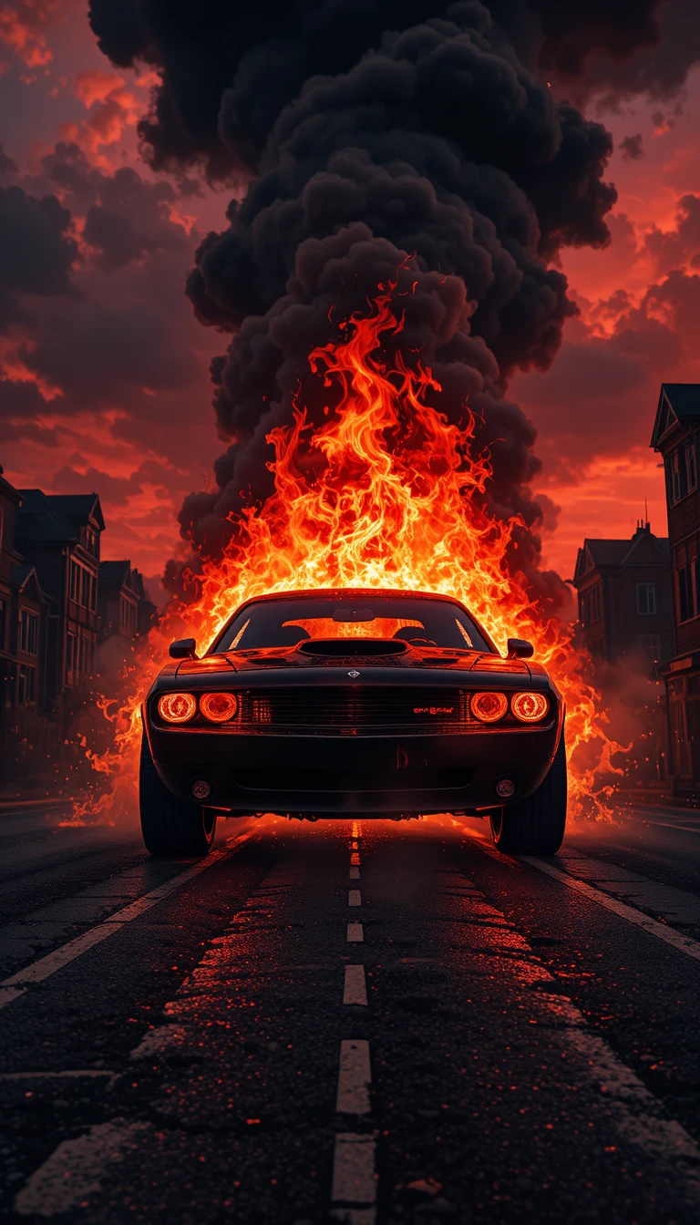 Fiery muscle car emerging from flames under hellish sky