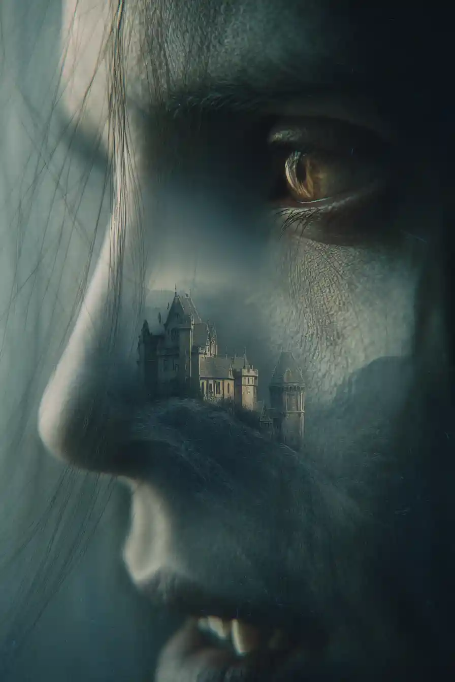 Surreal vampire face merging with a looming castle