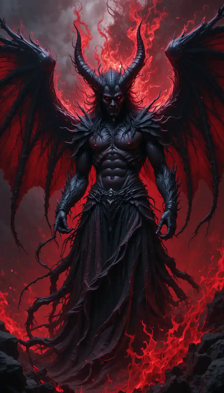Demonic figure rising in fiery darkness of hell