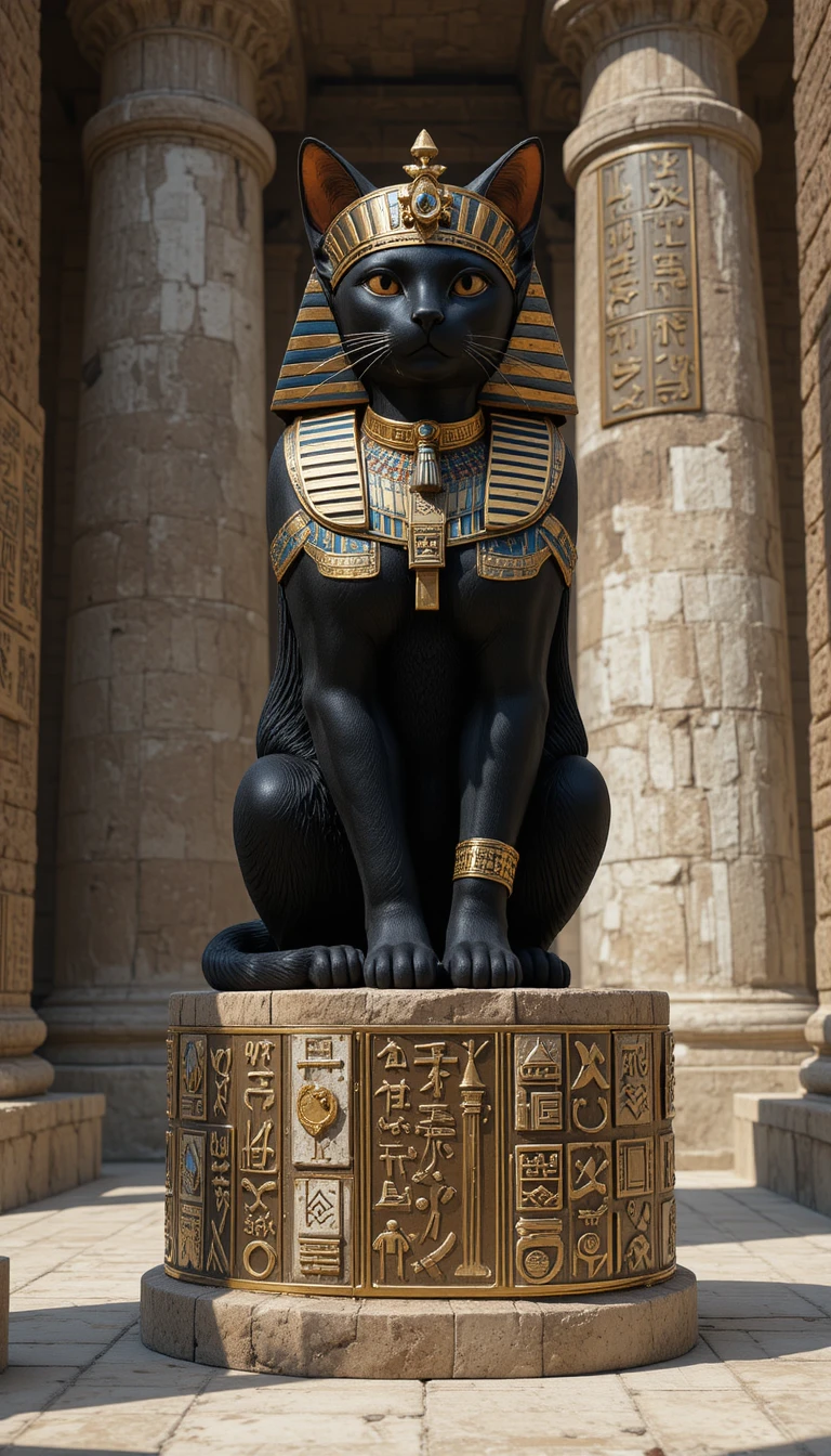 古代神殿の広間にある台座の上の黄金の黒猫