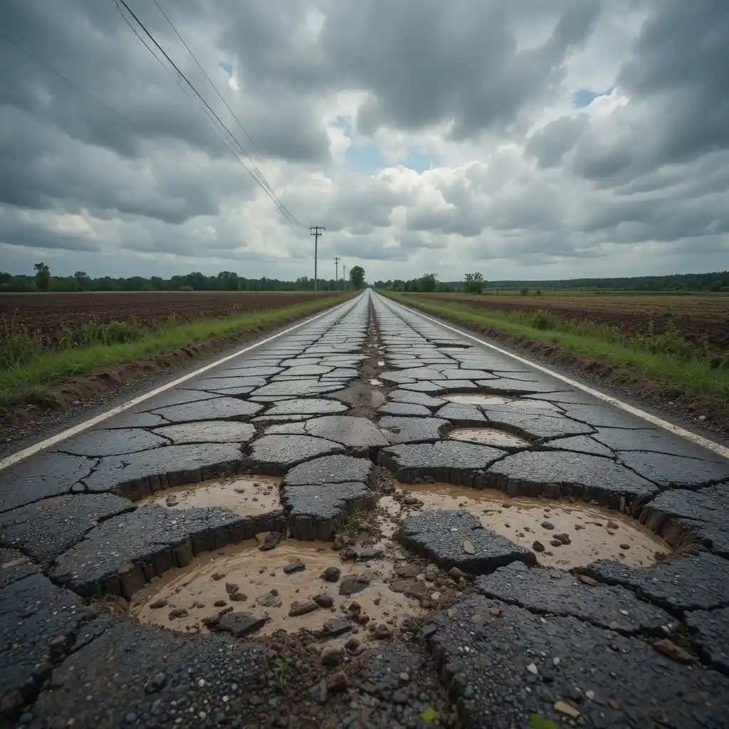 Broken country road with deep muddy potholes under clouds