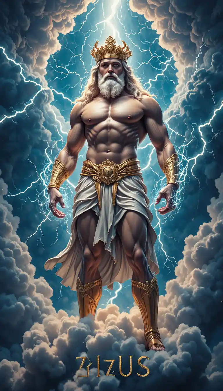 Majestic thunder god Zeus standing on stormy clouds