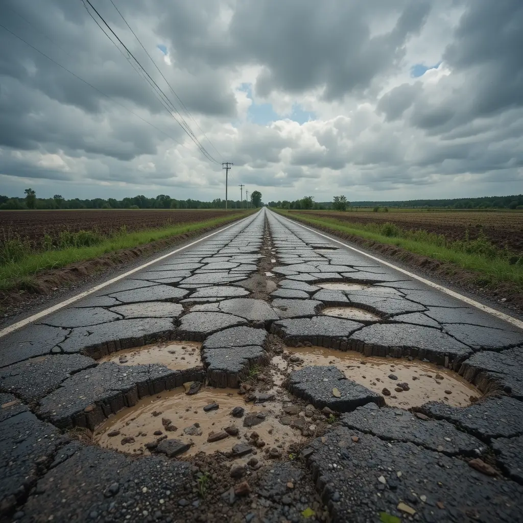 Broken country road with deep muddy potholes under clouds