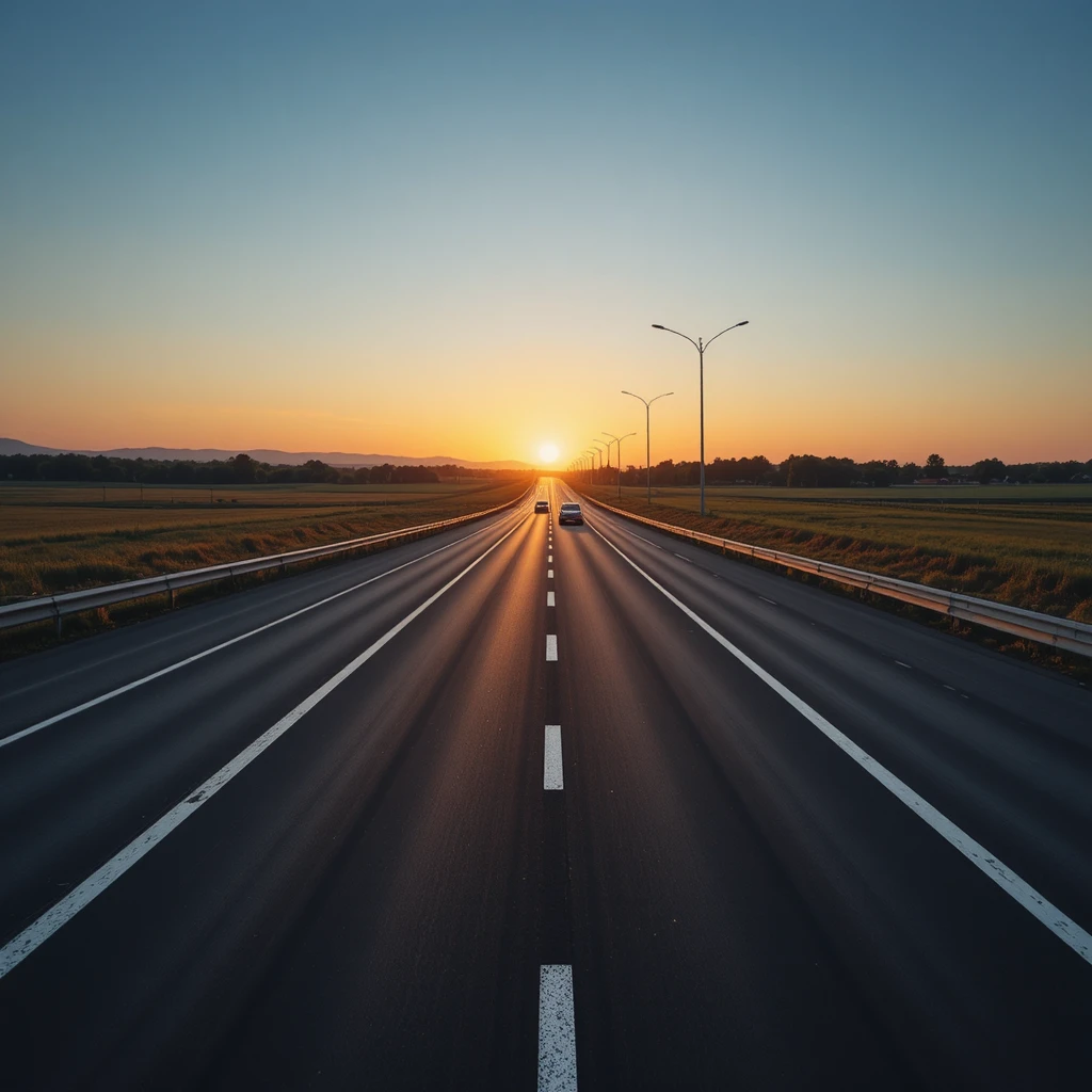 Coches circulando por una autopista de asfalto negro al atardecer