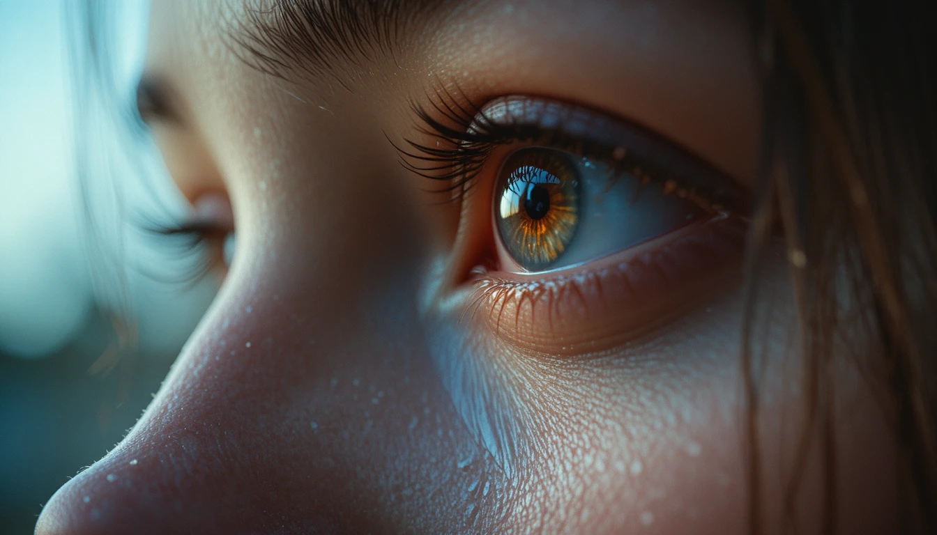 Extreme close up of a tearful young woman with glowing tear