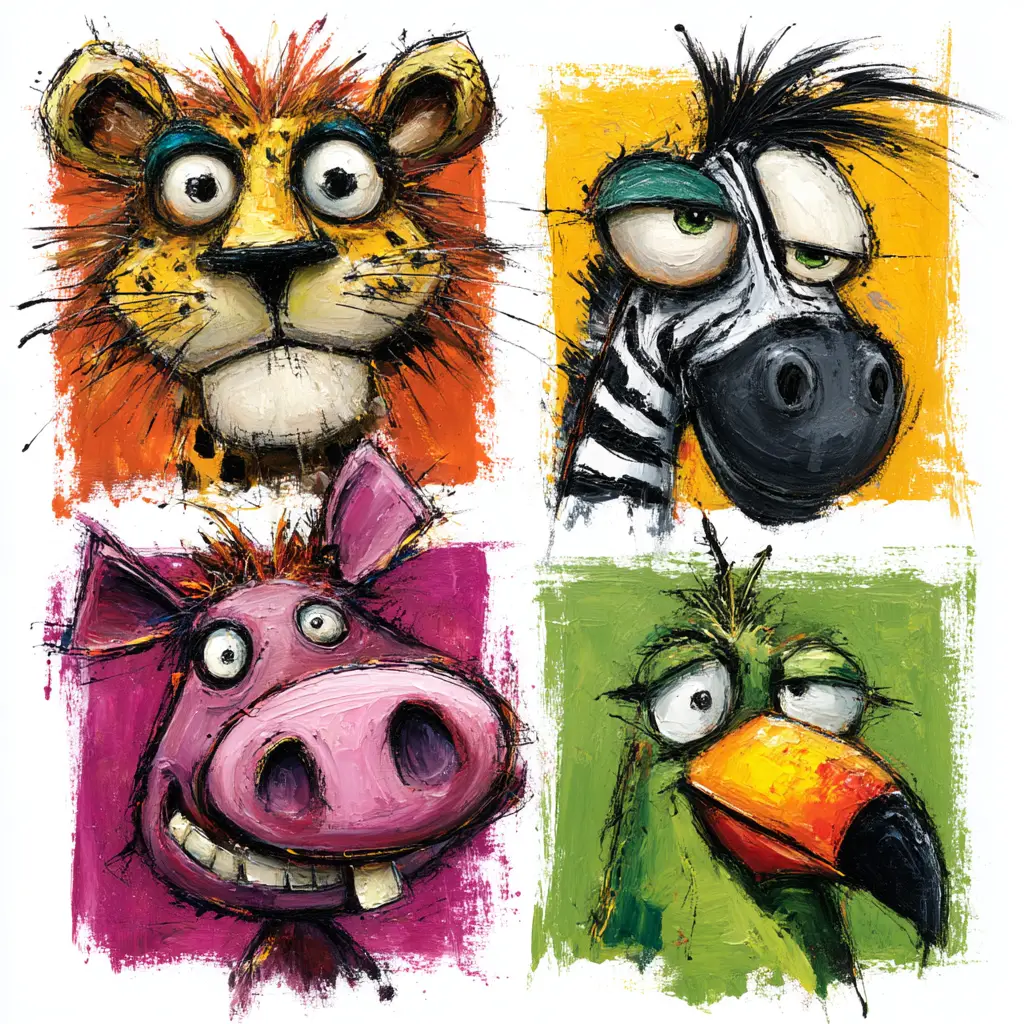 Playful cartoon grid of wild african animals and birds