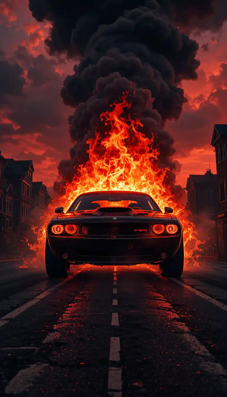 Fiery muscle car emerging from flames under hellish sky