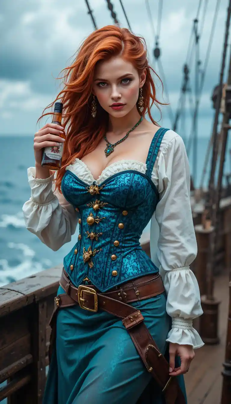 Fierce red haired pirate woman on a stormy ship deck