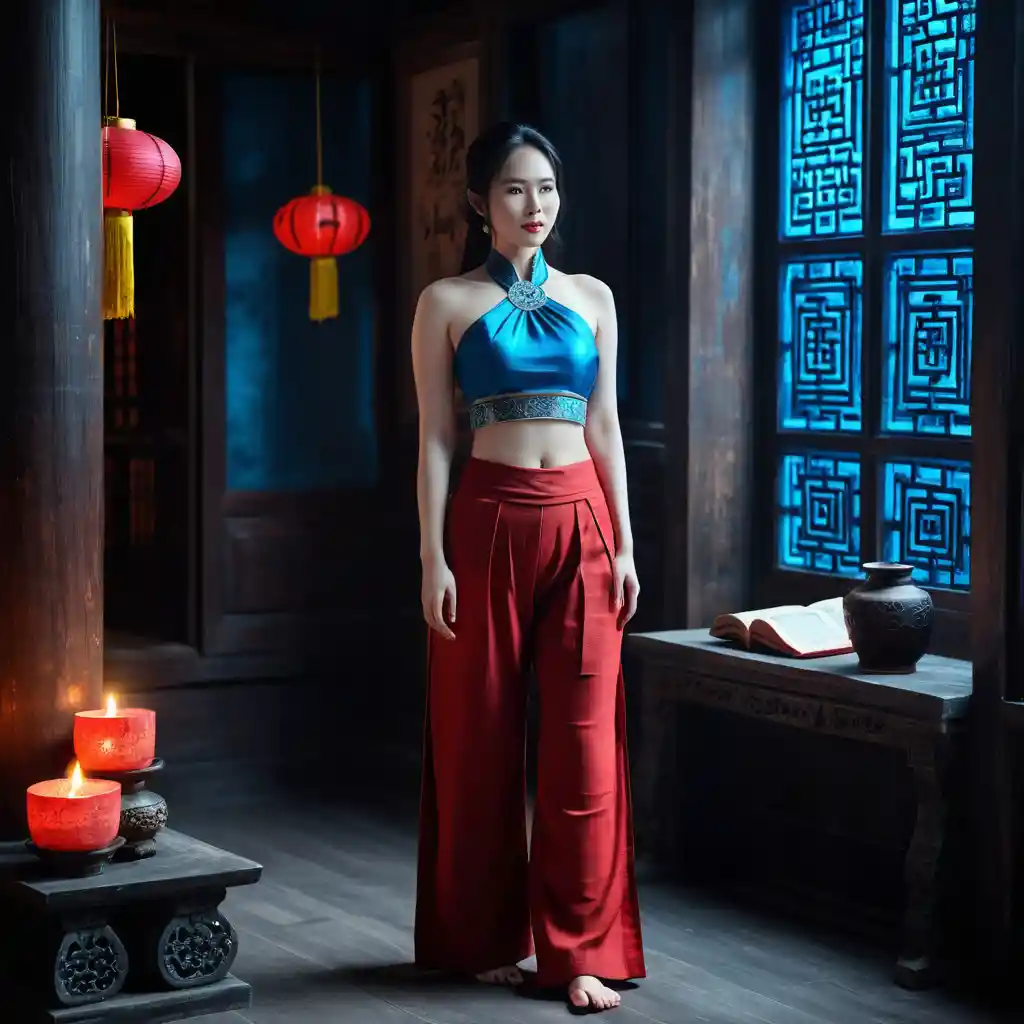 Vietnamese woman in red yem outfit in mystical room