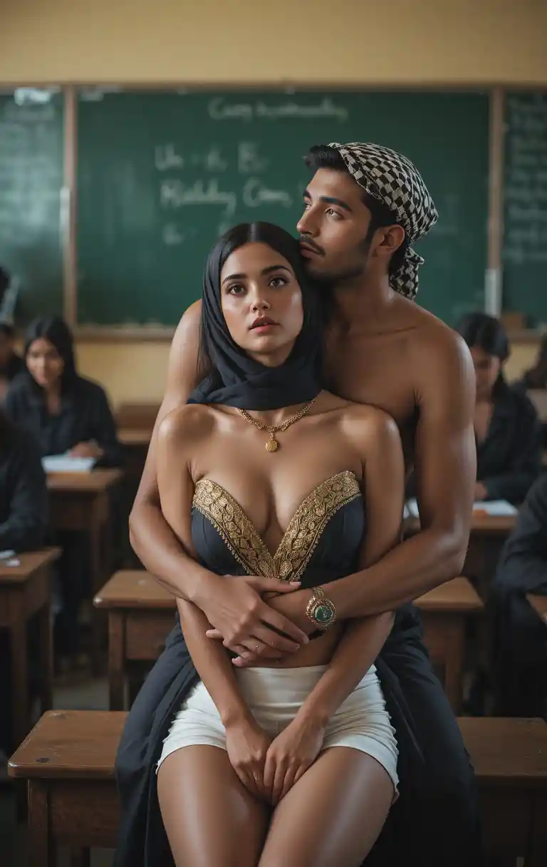 Romantic embrace between couple on desk in classroom