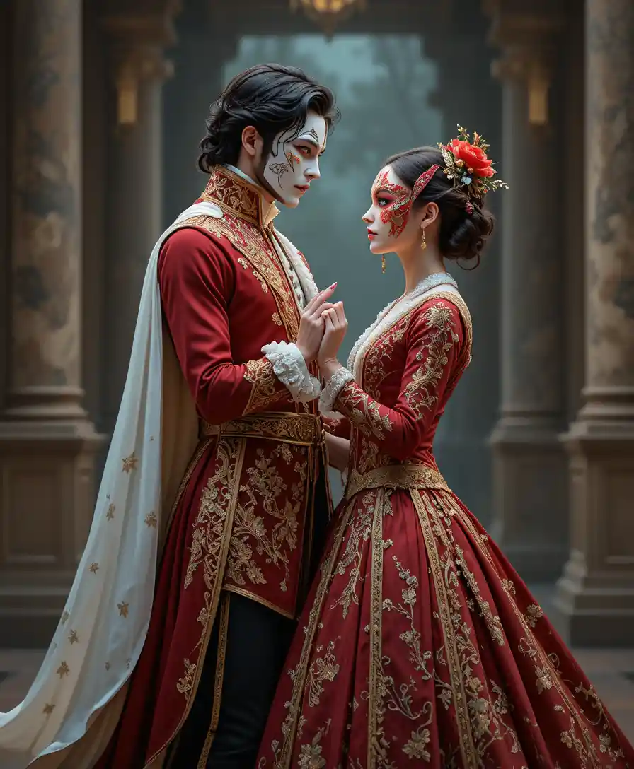 Masked aristocratic couple dancing in ornate royal costumes