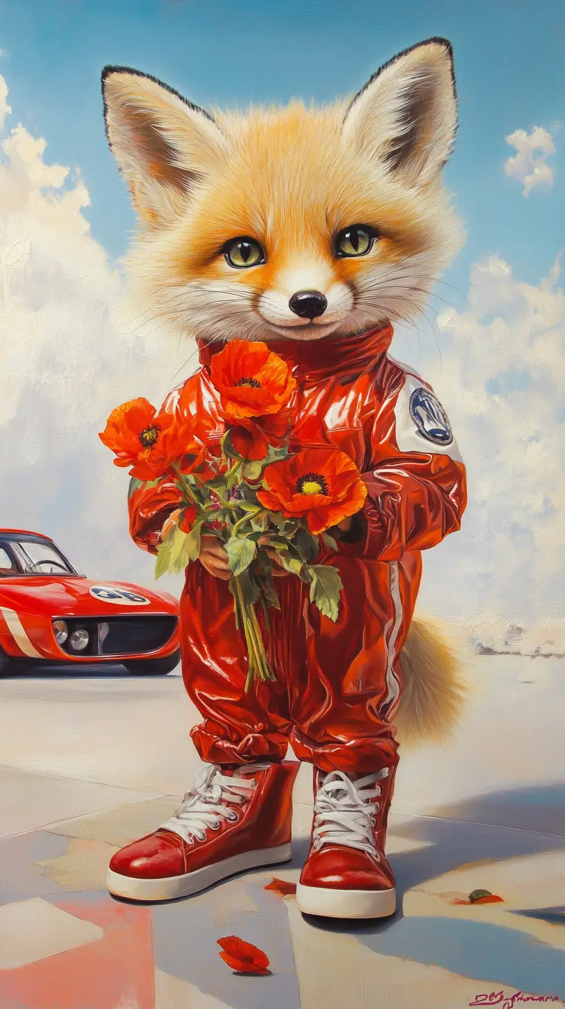 Fox cub in red jacket holding poppy bouquet