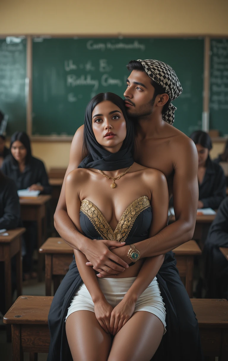 Romantic embrace between couple on desk in classroom