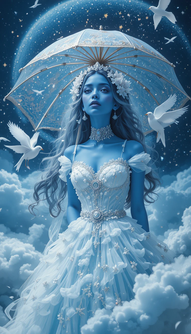 Donna dalla pelle blu tra le nuvole sotto un ombrello stellato