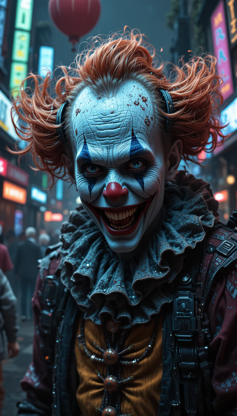 Cyberpunk clown terror stalking a neon lit city street