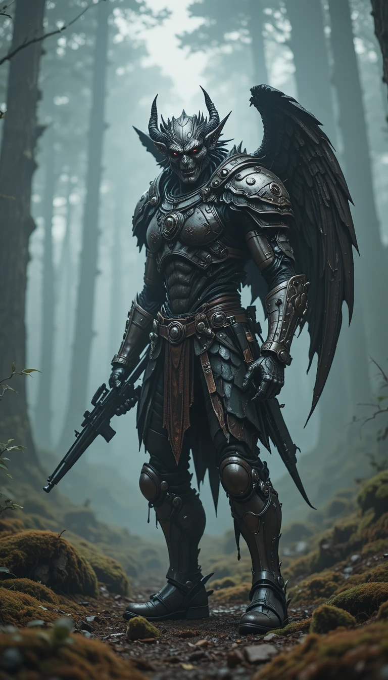 Armored winged humanoid with rifle in misty forest