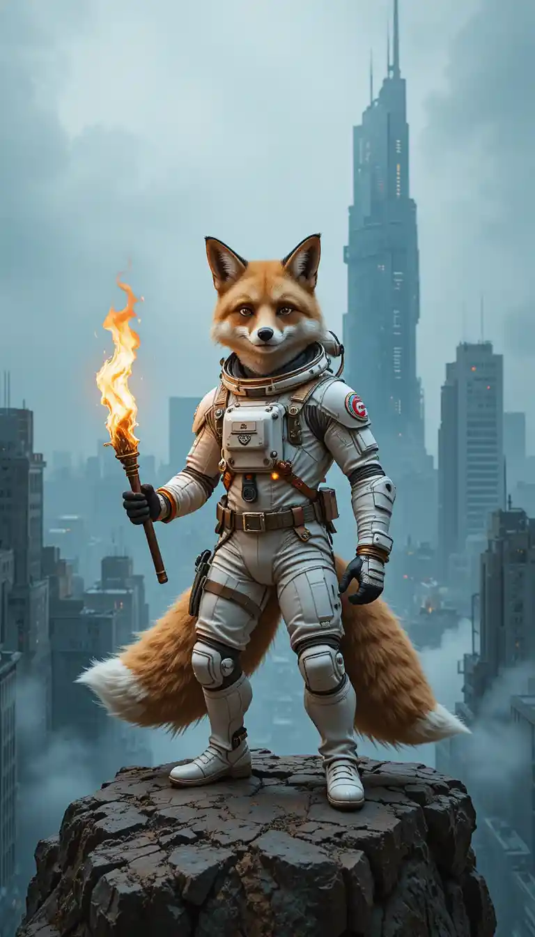 Héroe zorro antropomórfico con traje espacial sobre ciudad futurista