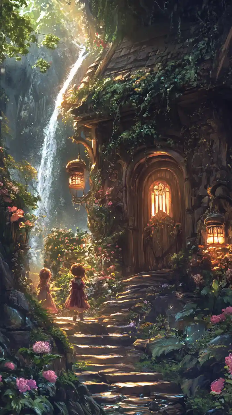 Casa tradizionale alla cascata con bambini sui gradini di pietra