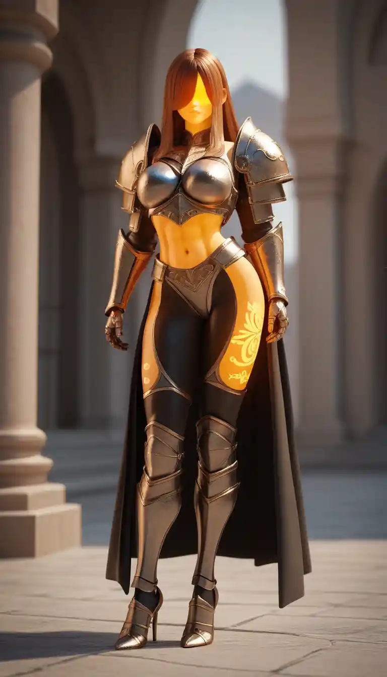 3D warrior woman with glowing golden tattoos in stylized armor