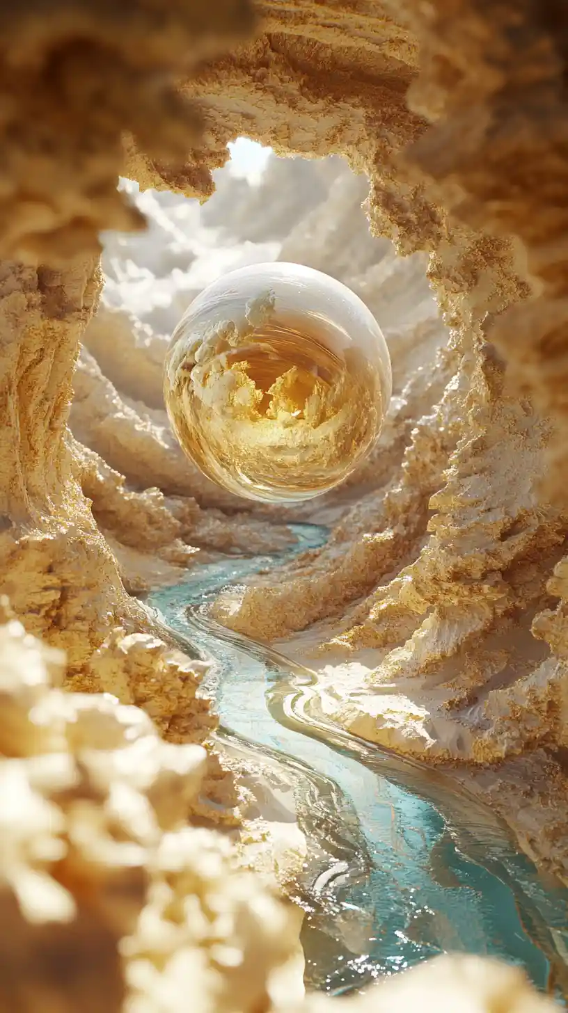 Cosmic key before a swirling portal and floating sphere