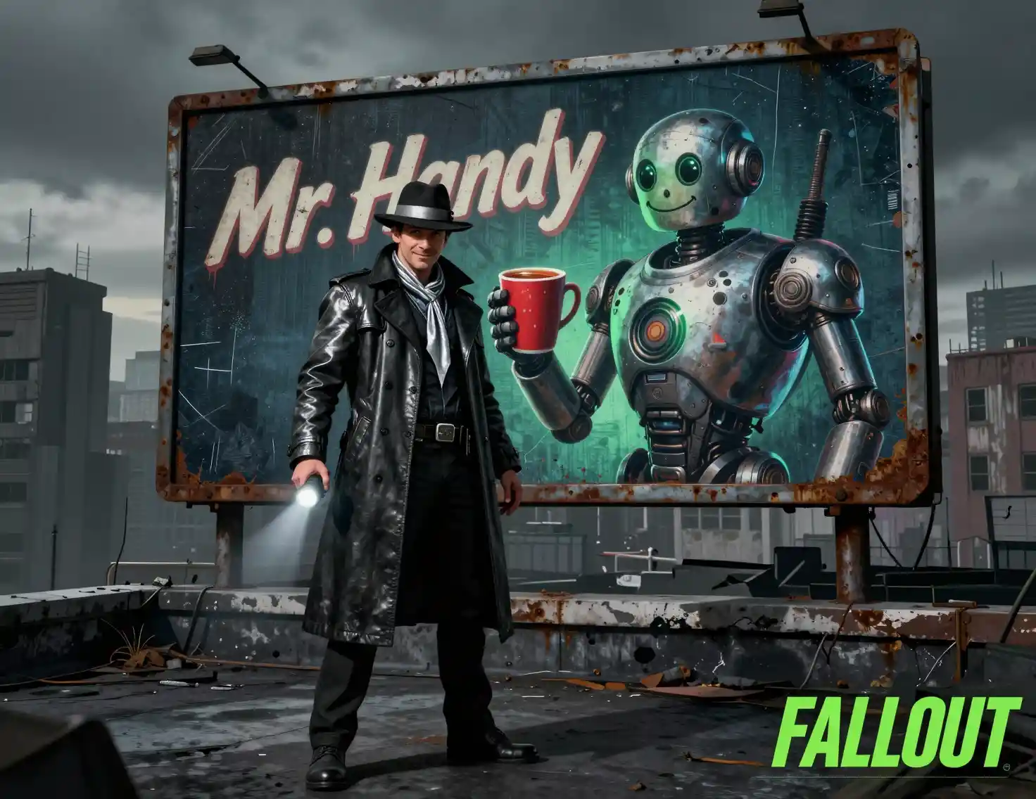 Sci fi detective beside rusty robot billboard at dusk