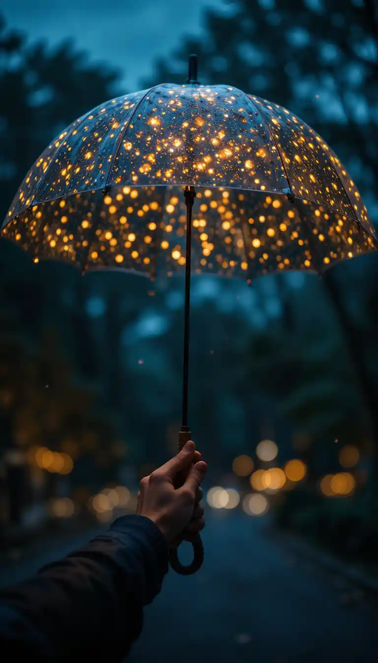 Transparenter Regenschirm, der in einer dunklen Nacht mit Glühwürmchen leuchtet