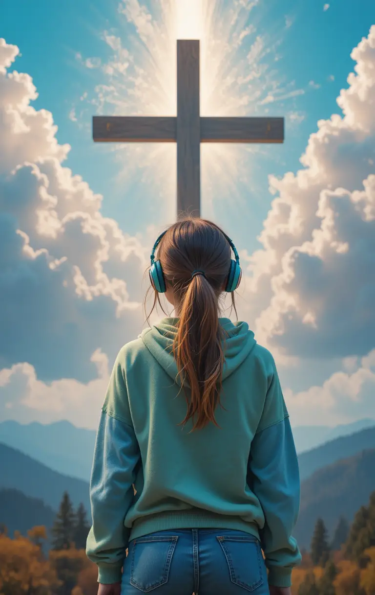 Teenage girl in hoodie facing a distant heavenly cross