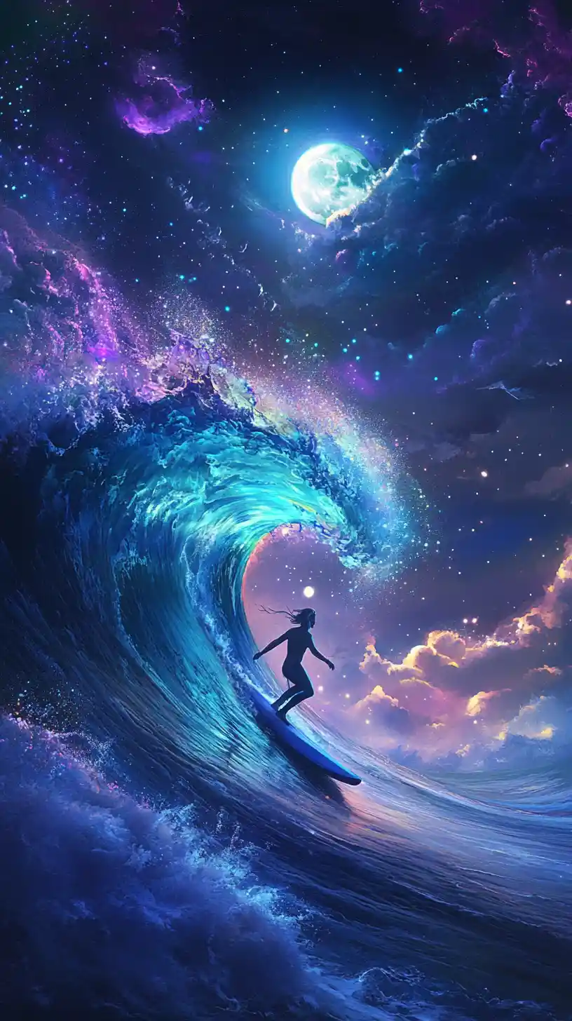Surreal surfer riding a mystical wave under glowing moonlight
