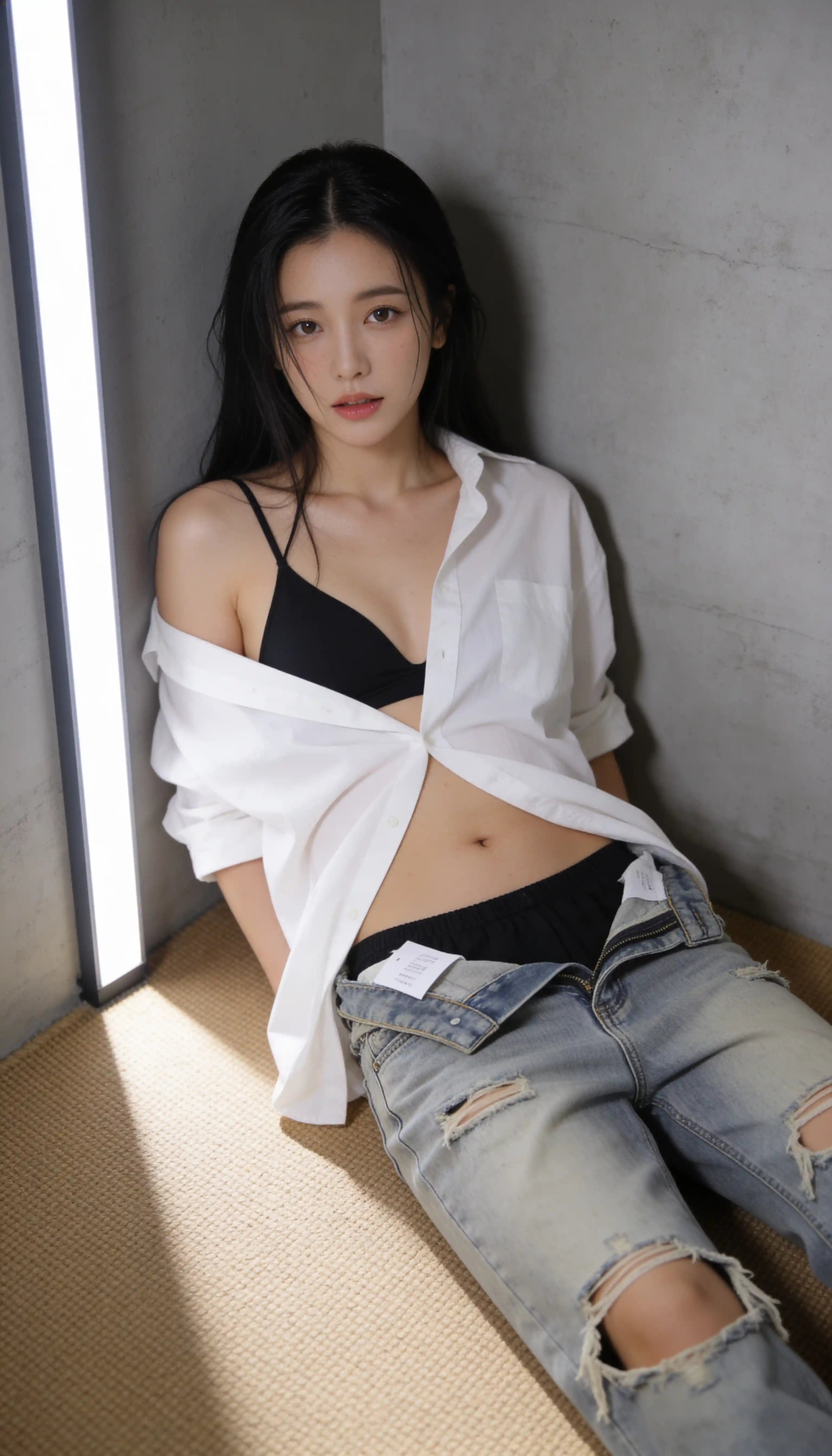Korean woman in casual layers in a minimalist studio corner