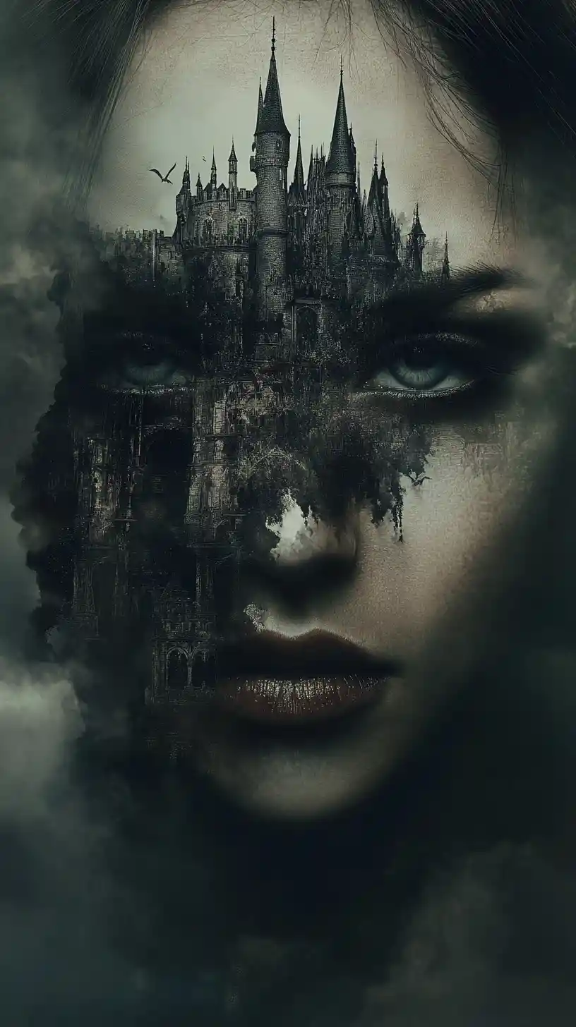 Surreal castle emerging within a womans face silhouette