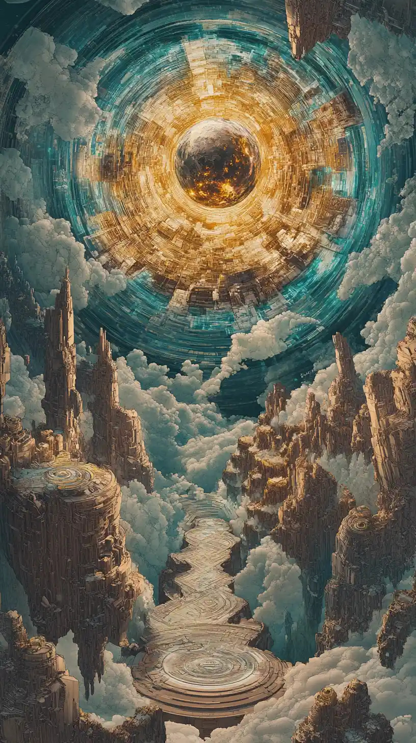 Surreal cosmic portal with a floating sphere and key