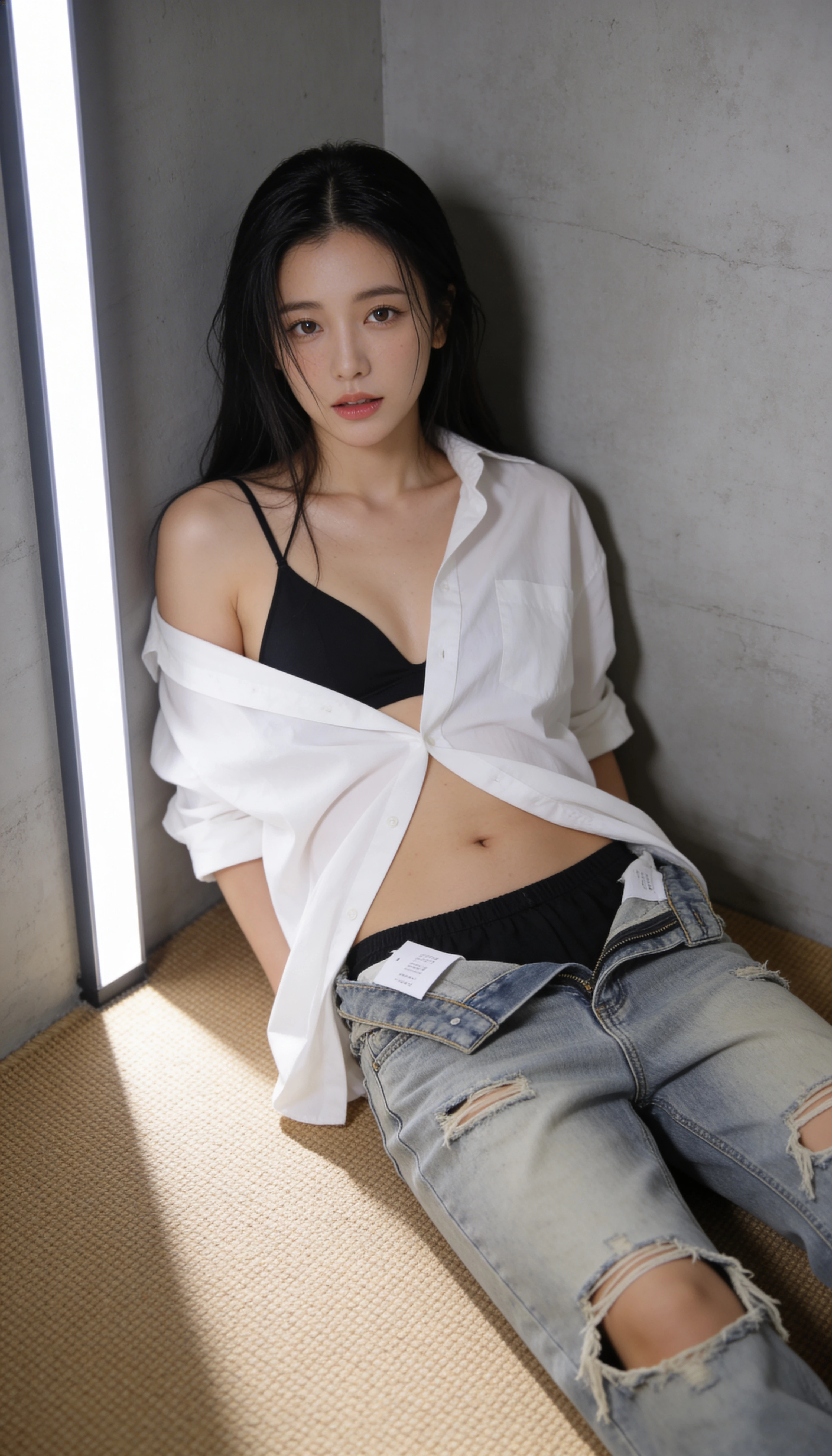 Mujer coreana con capas casuales en una esquina de estudio minimalista