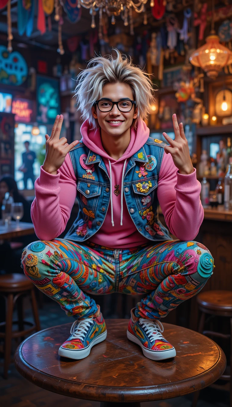 Colorful young man rocking out in a bohemian bar