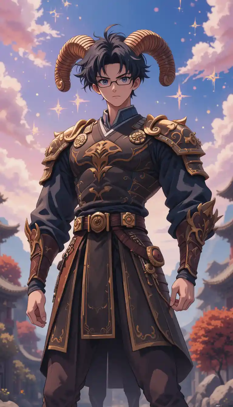 Confident ronin boy in horned armor under a digital sky