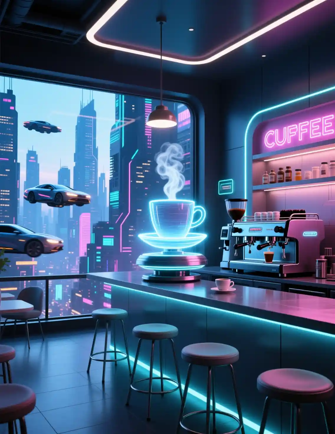 Cafetería Futurista de Neón con Proyecciones Holográficas