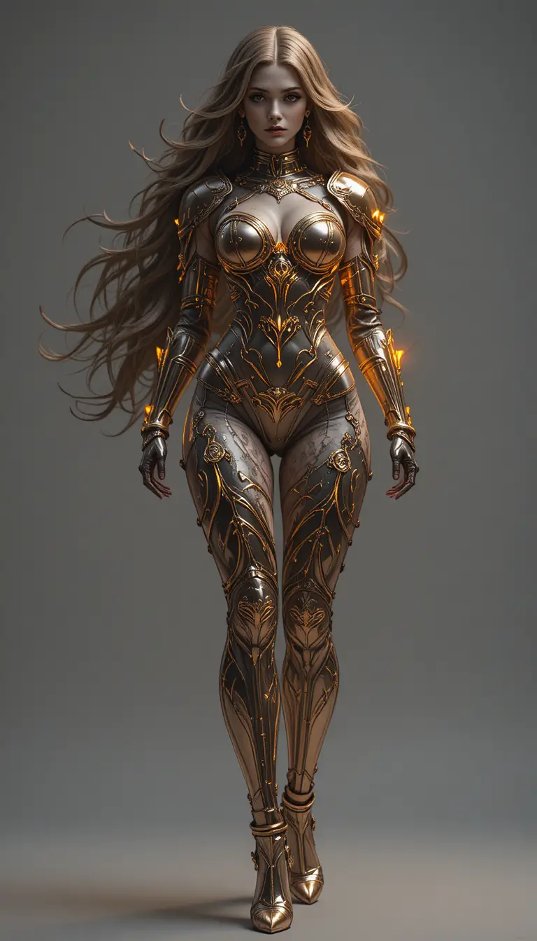 Armored warrior woman with glowing golden tattooed body