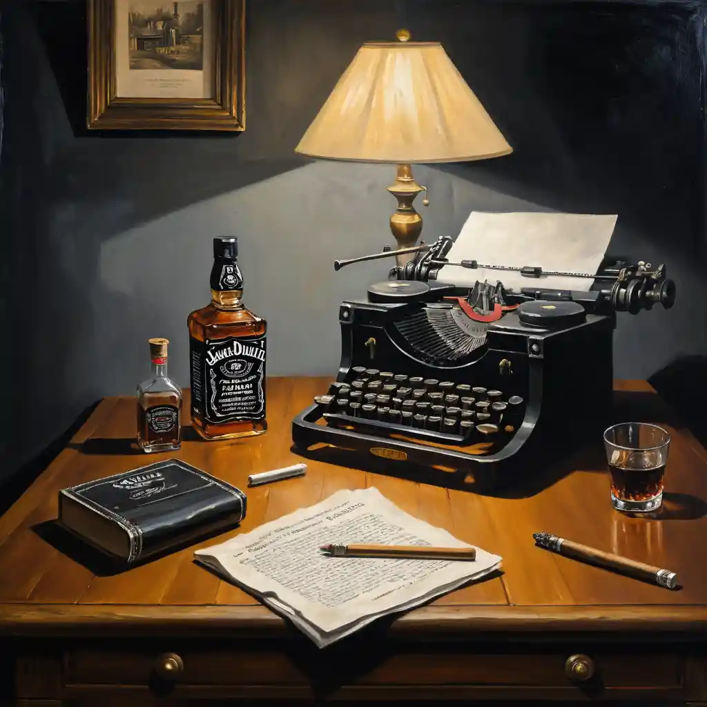 Nature morte sombre avec bouteille de whisky et machine à écrire vintage