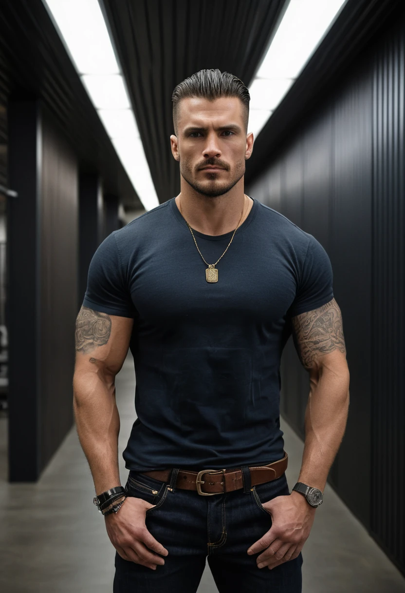 Muscular tattooed man in dark modern interior portrait