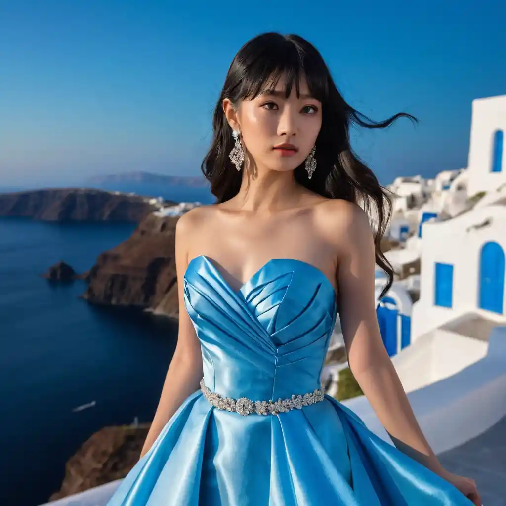 Joven con vestido de satén azul por la noche en Santorini